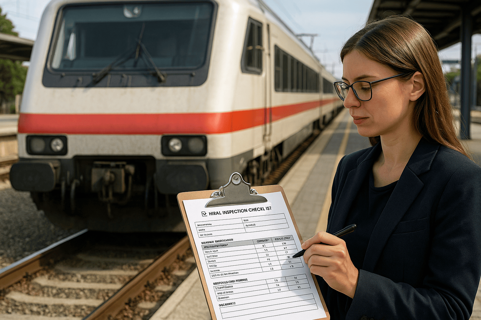 Woman perfoming a train control, holding a checklist next to the train's platform.