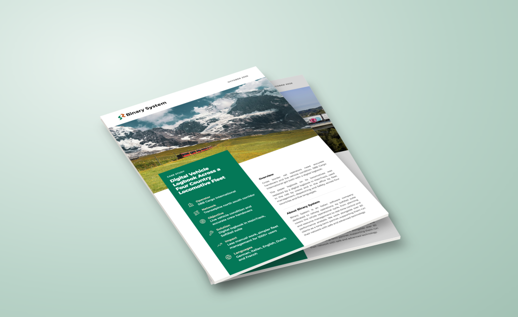 An open brochure shows an OUIGO high-speed train on a track, with the brand name clearly visible on the side of the train. The brochure is positioned on a green gradient background and includes text on technology, KPIs, safety and corporate approach.