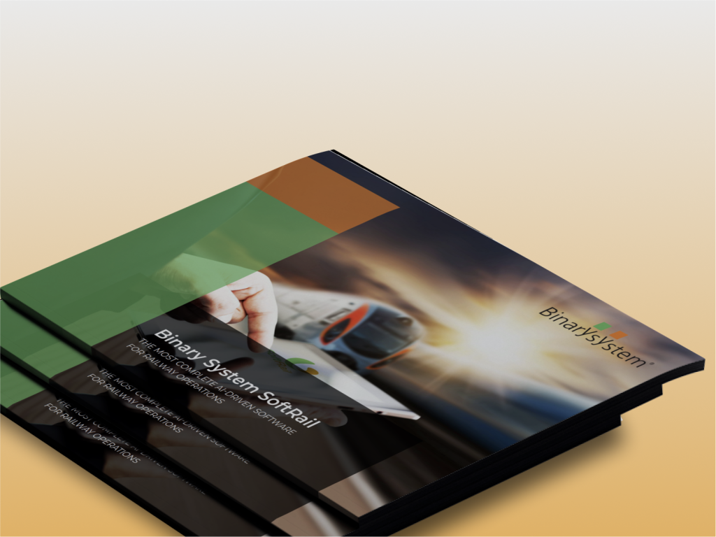 Copertina di una brochure aziendale di Binary System, raffigurante un treno ad alta velocità in corsa al tramonto, con sovrapposizione di grafica astratta nei colori verde, arancione e marrone. In primo piano il titolo “Binary System SoftRail – The Most Complete Software for Railway Operations”.