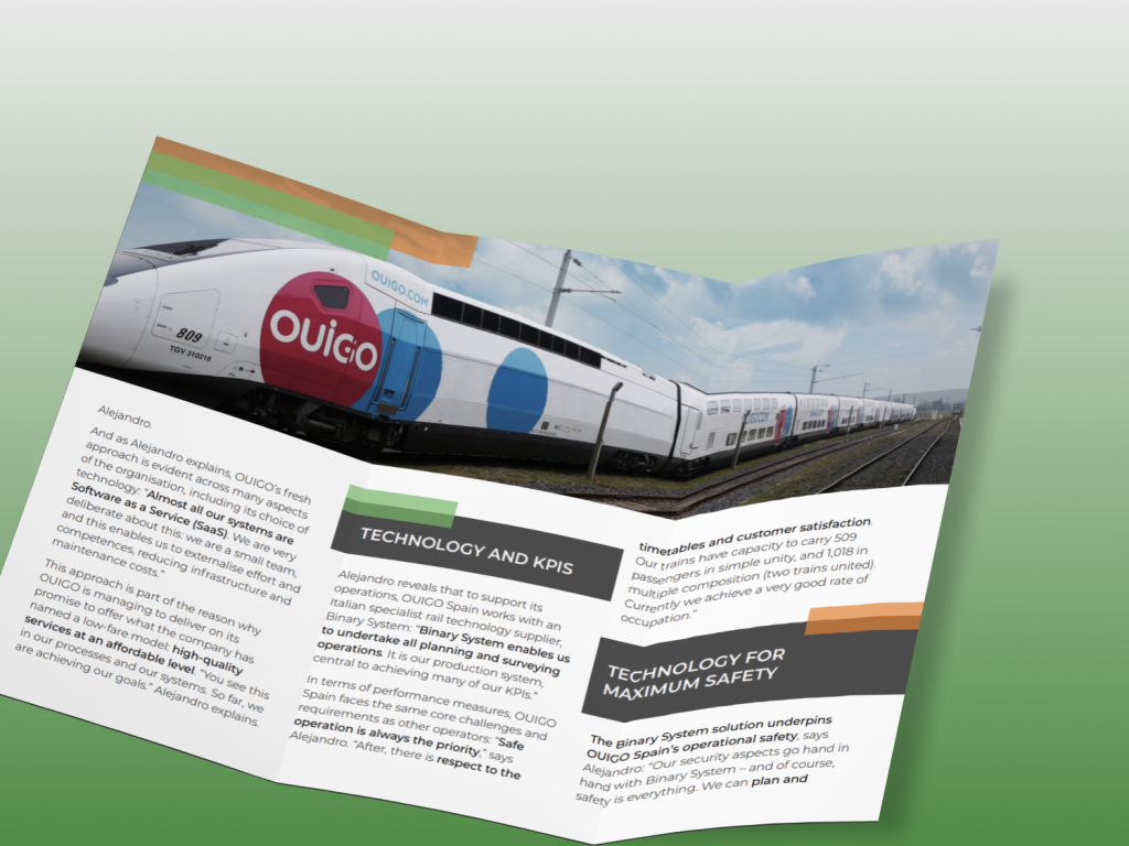 An open brochure shows an OUIGO high-speed train on a track, with the brand name clearly visible on the side of the train. The brochure is positioned on a green gradient background and includes text on technology, KPIs, safety and corporate approach.